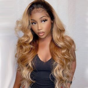 model with 1b27 Brwon T Part Lace Wig